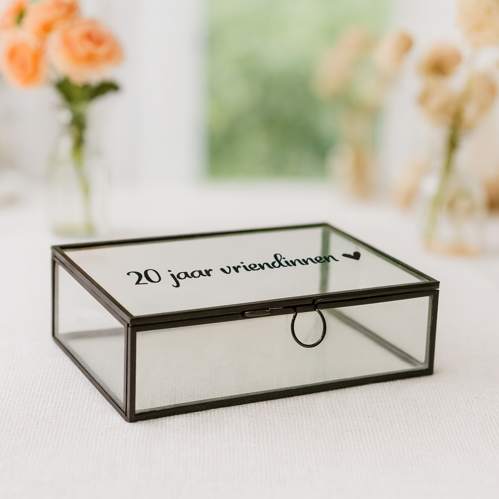 PERS-19-C Memorybox glazen box gepersonaliseerd cadeau zwart glazen box vriendinnen foto's herinneringen