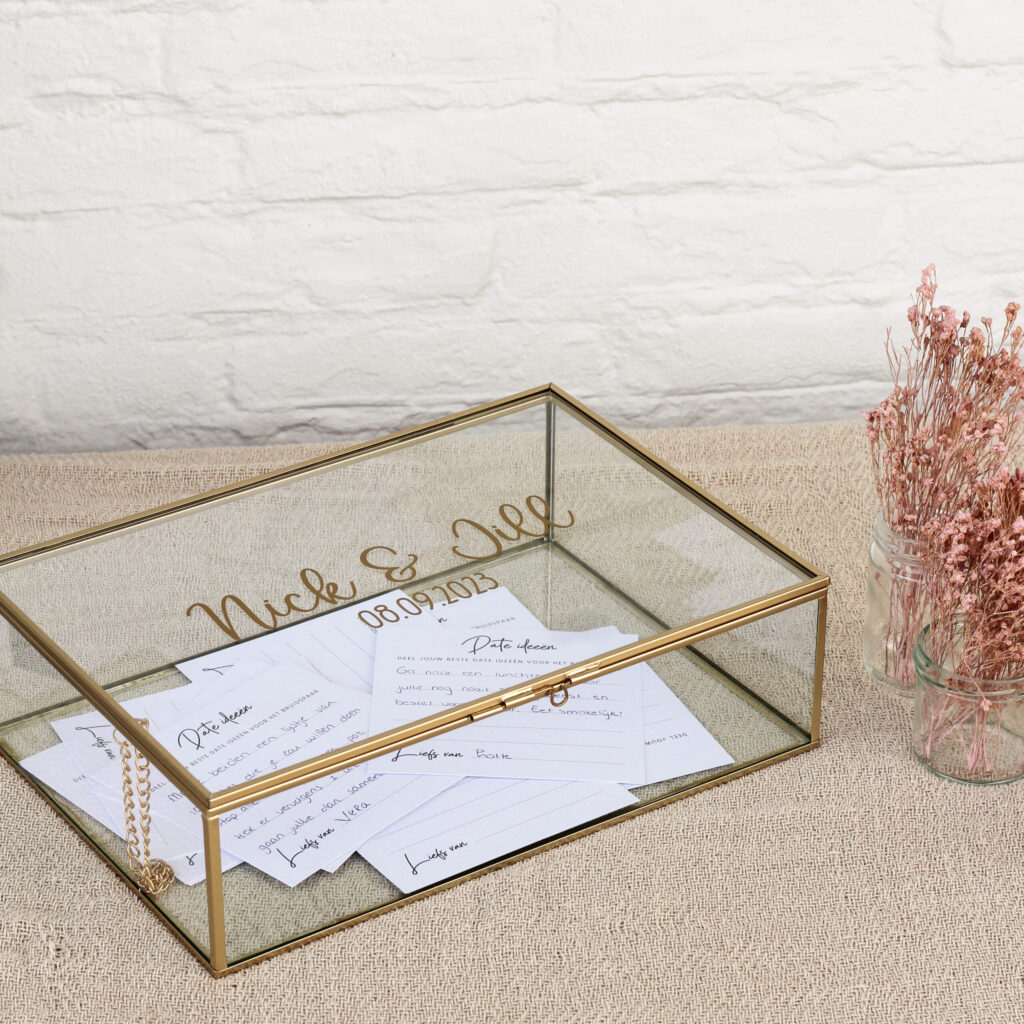 gastenboek date ideeën gastenboeken bruiloft gepersonaliseerd alternatief memory glazen gouden box