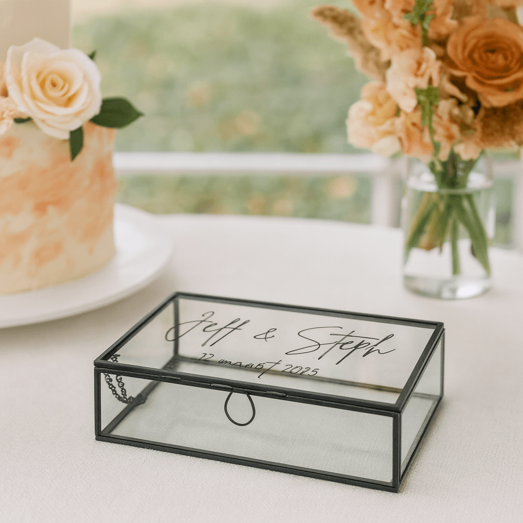 PERS-19-T Gastenboek enveloppendoos bruiloft ideefabriek gepersonaliseerd glazen box alternatief zwart namen bedrukt