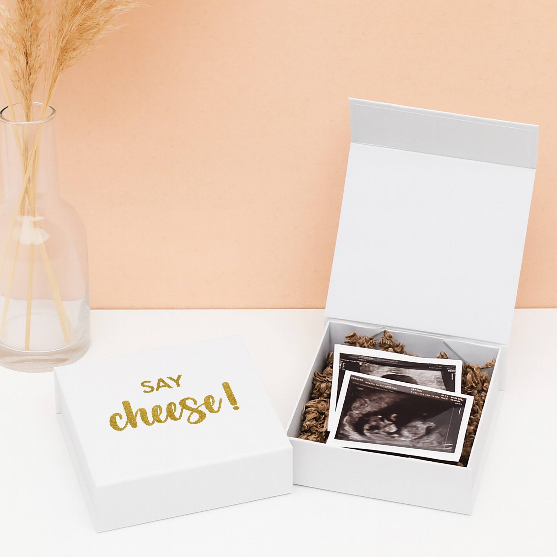 CB-19 Ideefabriek Cadeaubox Say Cheese zwanger zwangerschapsaankondiging echo familie vrienden aankondiging V2