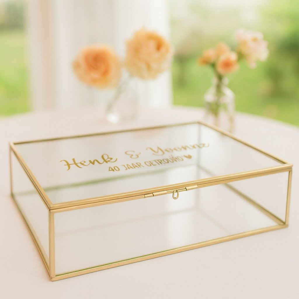 PERS-16-C Memorybox ideefabriek glazen box gepersonaliseerd gouden box bedrukt huwelijkscadeau 40 jaar getrouwd gastenboek foto's herinneringen