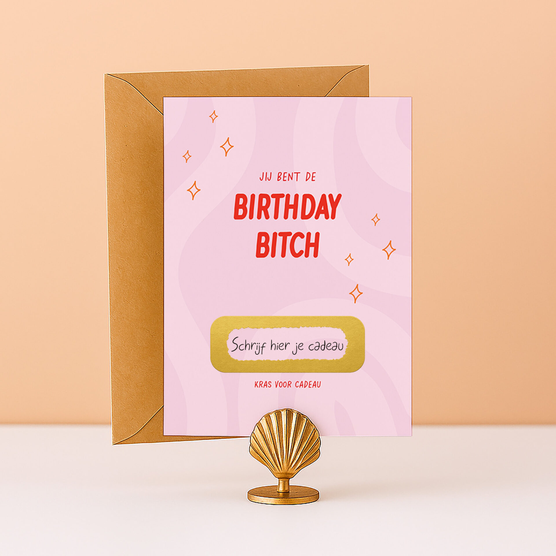 KR-31 Birthday bitch grappige kaart kraskaart cadeau cadeaubon tegoedbon zelf maken origineel ervaring cadeau voor haar